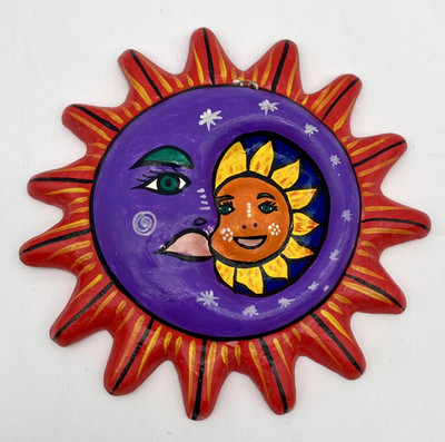 Mexican Folk Art Talavera Moon & Sun Eclipse Hand Painted Clay Wall Decor