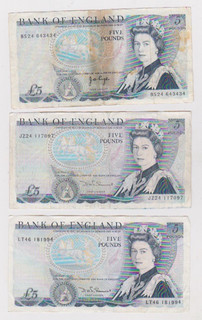 3 x £5 old UK banknotes= £15 PAGE/SOMERSET 1970 1988.