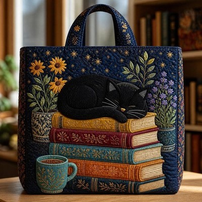 Black Cat Books Quilted Tote Bag, Cozy Reading Shoulder Bag, Bookish Gift