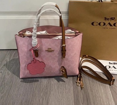 Coach Mollie Tote Bag 25 In Signature Canvas With Charms Gold/Powder Pink CER24