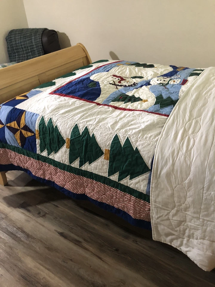 Christmas Tree Star Snowman Quilt Cottage Colorful Patchwork Cotton Queen 88x98" - Image 4 of 4