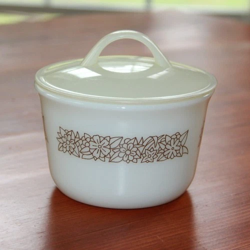 Pyrex Woodland Brown Milk Glass Sugar Bowl with Lid Vintage Corning NY USA