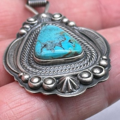 Vintage Navajo Wallace Yazzie Jr Turquoise Stampwork Sterling
