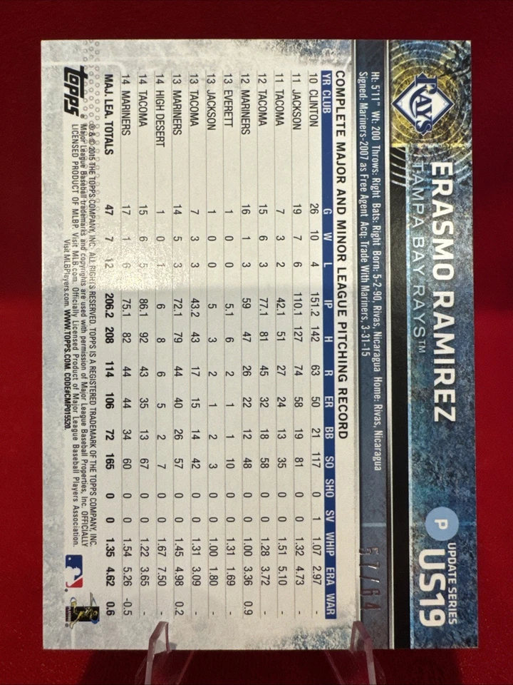 2015 Topps Update Black 57/64 Erasmo Ramirez #US19. *B7 - Image 2 of 2