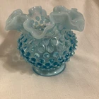 Vintage Fenton Blue Hobnail Round Vase Ruffle Opalescent