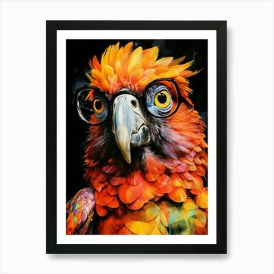 Papagei mit Brille Tier Kunstdruck gerahmt Wandbild Poster Leinwanddruck Bild