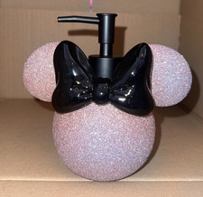 DISNEY MINNIE MOUSE HEAD PINK GLITTEr WITH BLACk Bow SOAP DISPENSER PUMP New