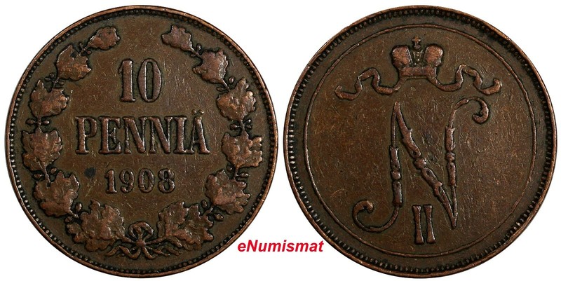 Finland Nicholas II Copper 1908 10 Penniä Mintage-320,000 VF KM# 14 (18 740)