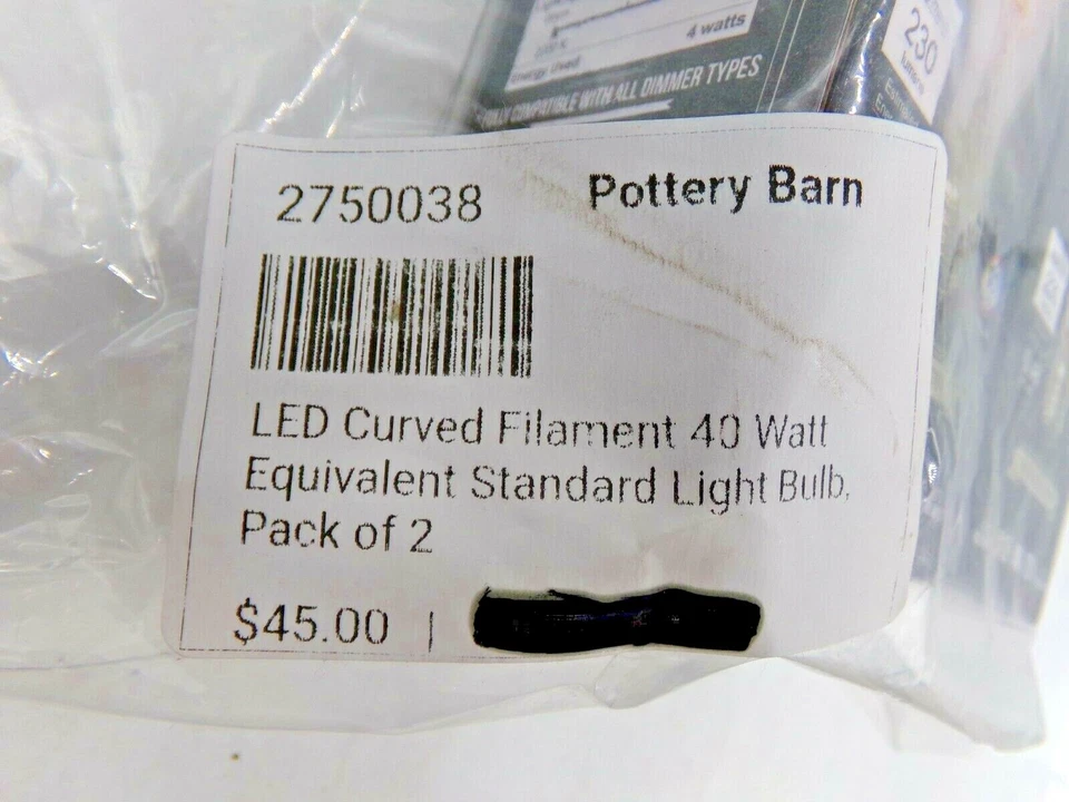 Pottery Barn LED Curved Filament 40 Watt Equivalent Standard Light Bulbs S/2 B72 - Image 4 of 4