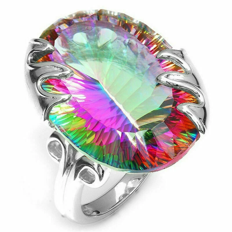 925 Silver Ring Huge 8.9CT Women Men Cocktail Mystic Rainbow Topaz - Image 3 of 4