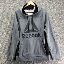 Reebok Pullover Hoodie Sweatshirt Gray Mens Sz M Fleece Lined Logo Front Pocket