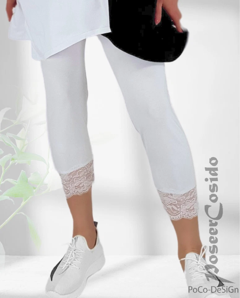 LAGENLOOK 7/8 Leggins Hose Spitze weiß XL-XXL-XXXL 42 44 46 48 50 52 54 56 58 - Bild 2 von 4