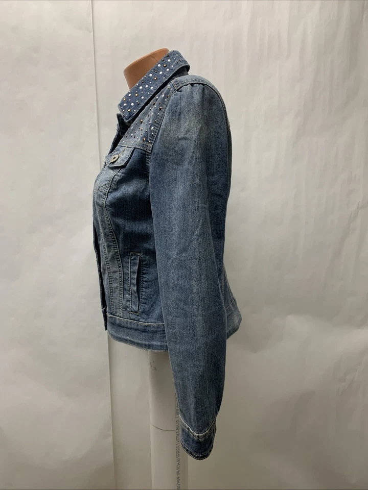 Jaqueta Roz and Ali feminina pequena azul denim com botões bolsos pedras preciosas Bling - Imagem 3 de 4
