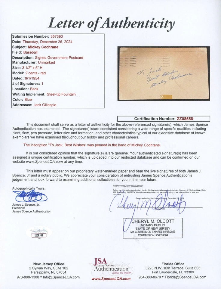 Mickey Cochrane signed GPC Postcard JSA LOA Baseball HOF Auto Z2082 - Image 4 of 4