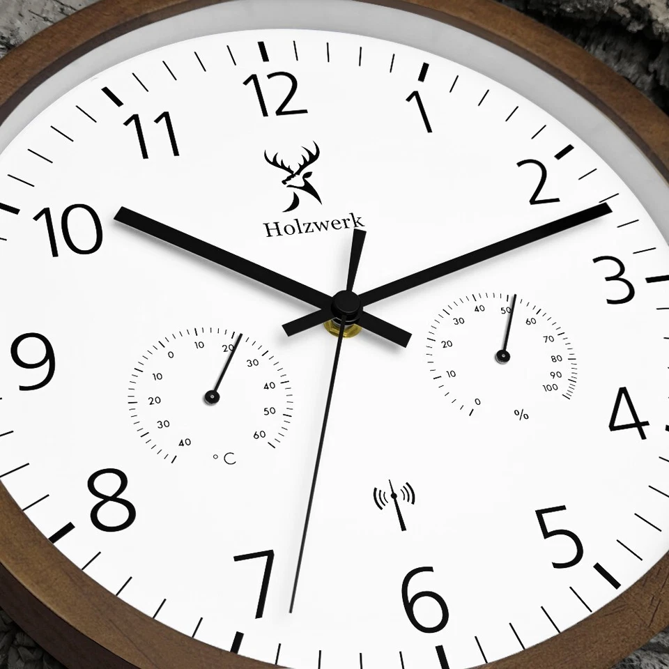 Holzwerk WEGBERG (FUNK) Holz Wanduhr, 30 cm Ø Hygro- & Thermometer Funkwanduhr - Bild 3 von 4