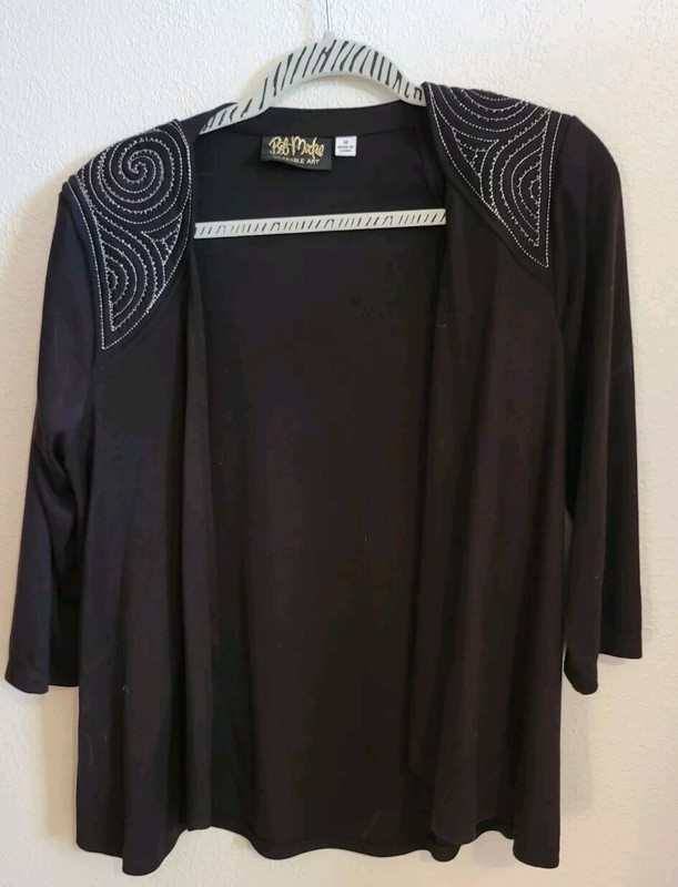 BOB MACKIE WEARABLE ART BLACK 3/4 SLEEVE OPEN FRONT CARDIGAN  BEADS Medium OOAK