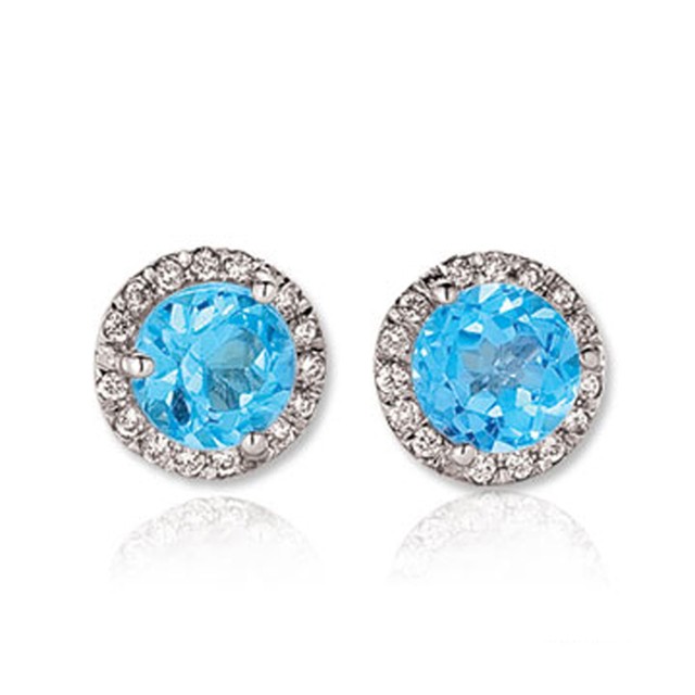 1.00 CT 14K White Gold Round Blue Topaz & White Diamond Halo Style Stud