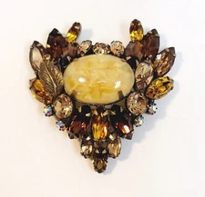 Vintage Alice Caviness Topaz Rhinestone Art Stone Leaf Brooch