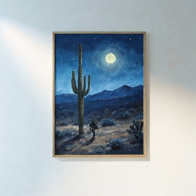 Kaktus unter Mond voll in Wüste Wand Mondlicht Nachtszene dunkelblau stimmungsvoll