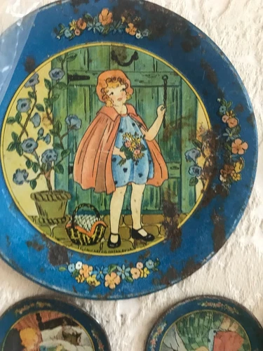 Ohio Art Co tin litho plate LITTLE RED RIDING HOOD & THE BIG BAD WOLF 5 Pcs 1930