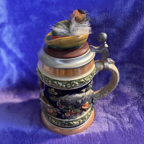 Vtg German Lidded Stein with Hat Lid, Hunting Scene & Decorative Relief, 7 Inch