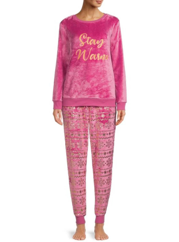 Pijama SECRET TREASURES Rosa Vellón Difuso MANTENTE CALIENTE Dorado Copos de Nieve Joggers M Foto 2 de 4