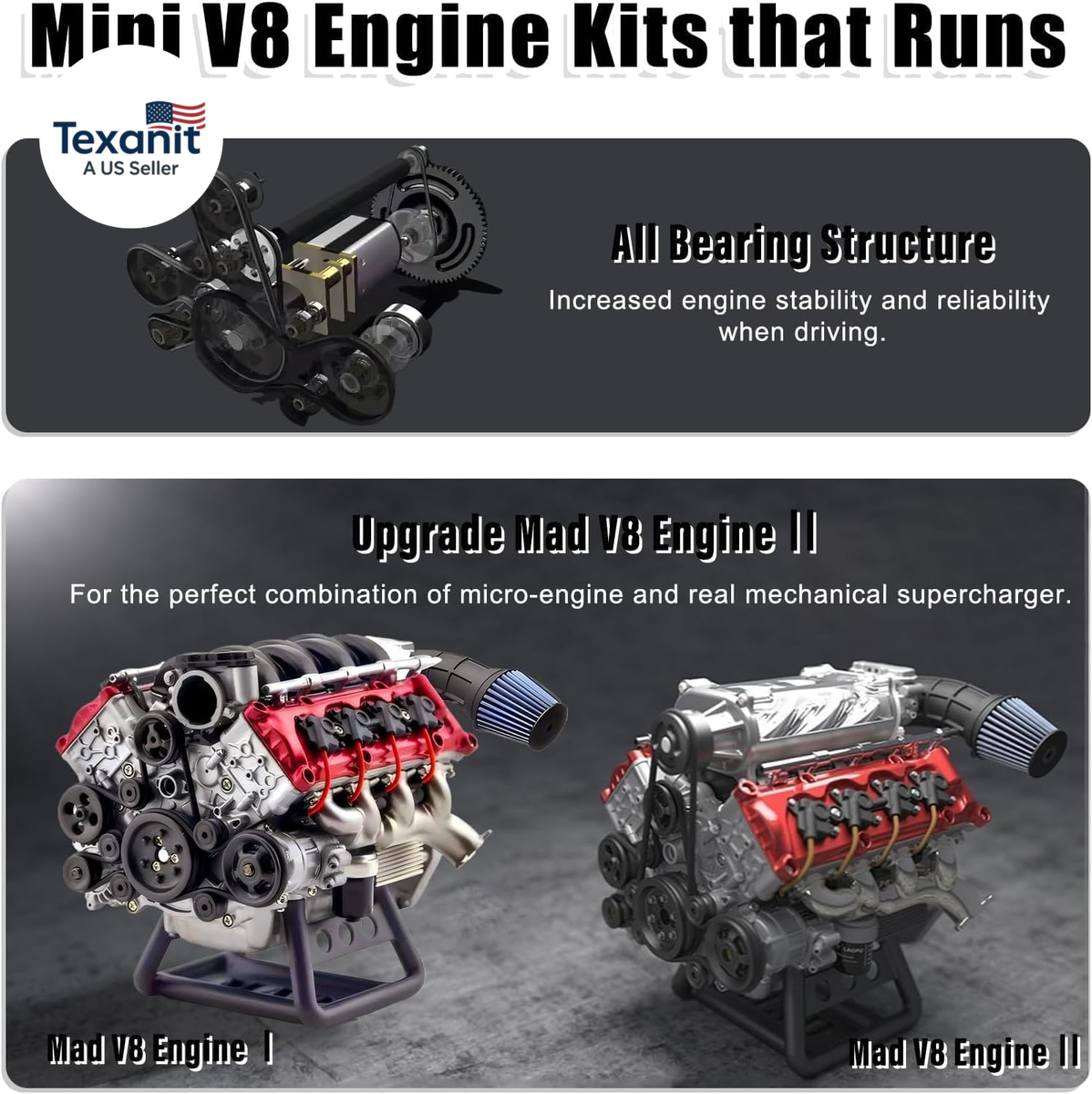 TECHING Kit de modèle de moteur v8 qui fonctionne en métal Kit d'assemblage de moteur de voiture DIY Kit de modèle éducatif expérimental avec plus de 500 pièces