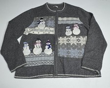 Croft  Barrow Women's Full Zip Cardigan Sweater Gray Snowman Holiday Large