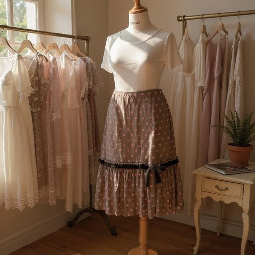 Vintage Betsey Johnson Brown Pink Polka Dot Skirt Velvet Bow Ruffle Hem - Picture 4 of 6