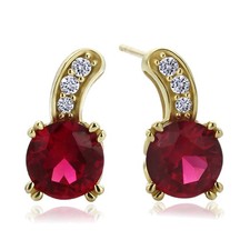 14K Yellow Gold Round Red Cubic Zirconia Stud Earrings