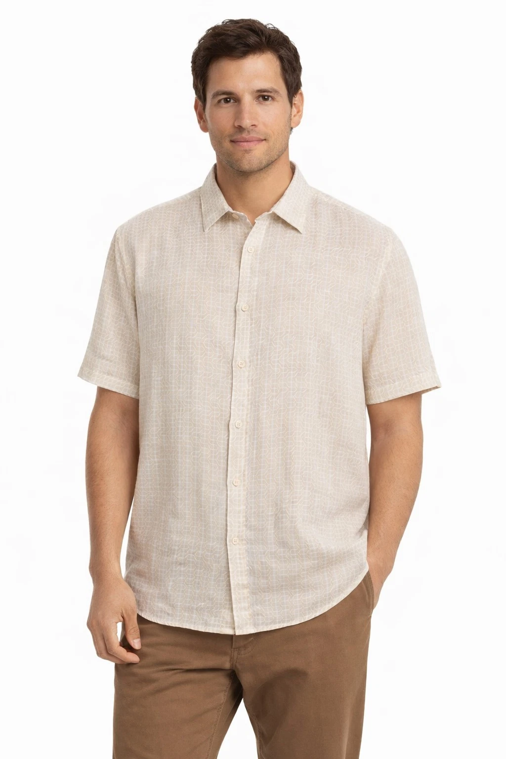 The Men's Store at Bloomingdales 100% Linen Shirt XL Beige Geometric Pattern NEW