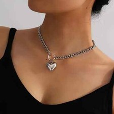 Punk Style Stainless Steel Heart Pendant Necklace Womens Fashion Gift Silvery