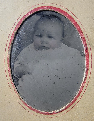 Portrait Of Infant Baby Child In Dress Antique Vintage Tintype Photo Picture