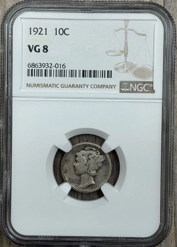 1921 P MERCURY DIME 10c NGC VG 8, "SEMI-KEY DATE COIN"
