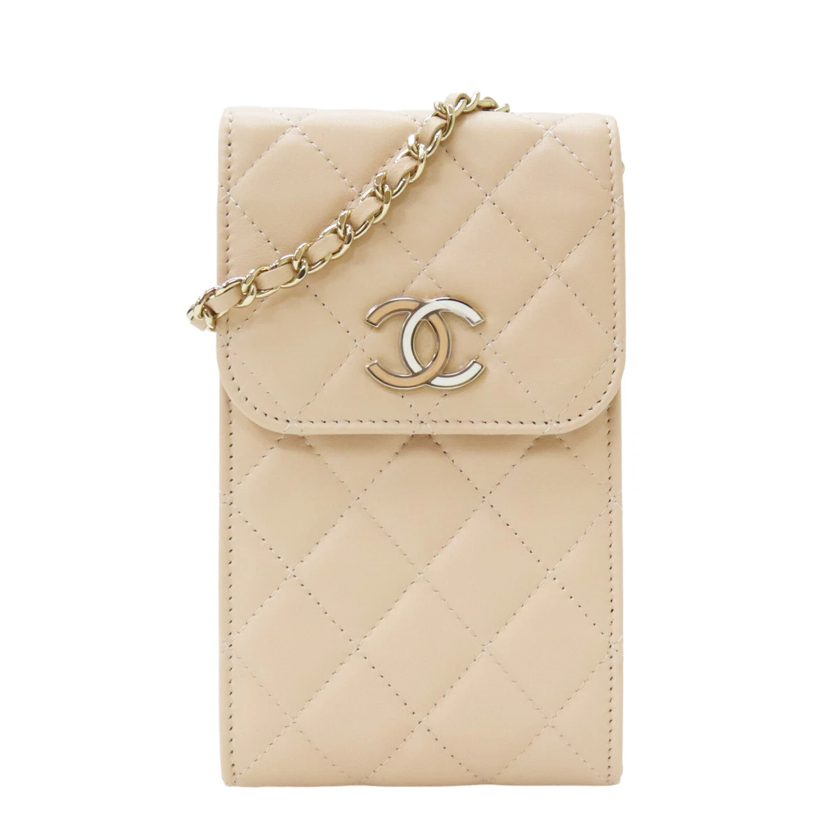 CHANEL Beige Flap Phone Holder Chain Shoulder Bag Quilted Lambskin Leather