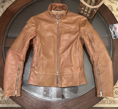 Ralph Lauren RLX Womens Size Medium Quilted Moto Jacket 100% Leather Cognac 