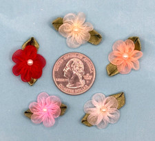 60pcs x 3/4" Organza Ribbon Flower Appliques w/Leaf/Bead/Wedding/Card ST436