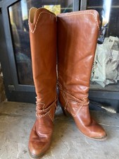 ZODIAC VINTAGE BROWN LEATHER BOOTS, BRAIDED ACCENTS, METAL TOE GUARD, SIZE 7.5