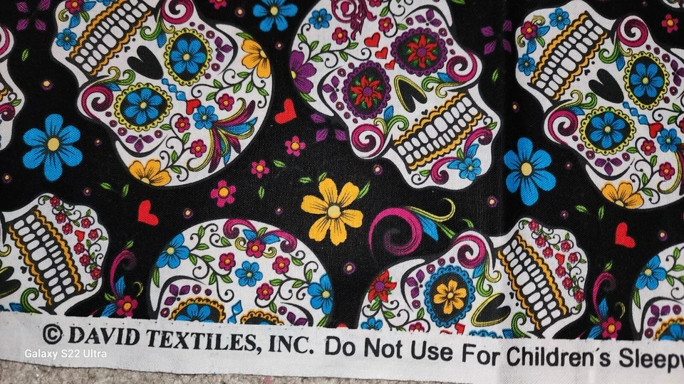 Black Colorful Sugar Skull Folklore Cotton Fabric  3 Yds & 13" - Image 2 of 3