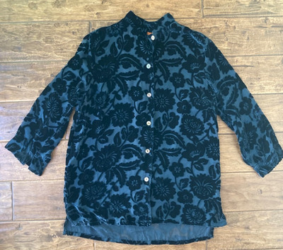 Harari Womens Medium Navy Blue Velvet Burnout Silk Blend Button Up Made in USA