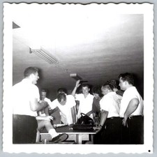 Vtg B&W Snapshot Group Of Men Socializing Around Table Basement Party 1950s