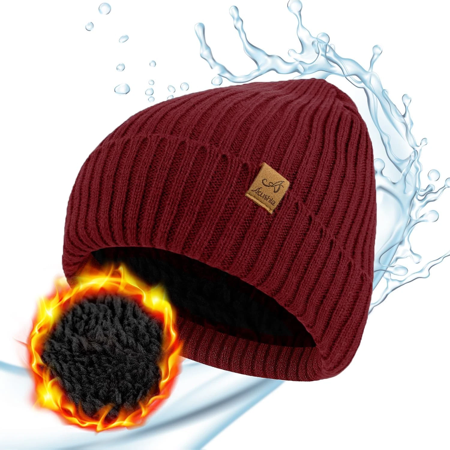 Waterproof Windproof Cuff Beanie - Thick Fleece Lined Knit Winter Hat for Men &