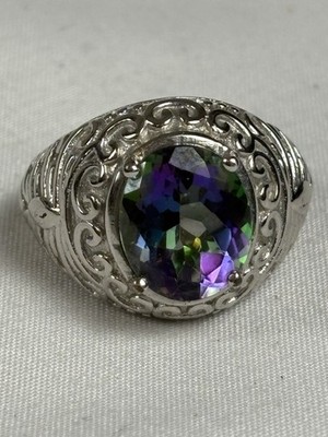 Karis STS Mystic Topaz Ring Sterling Silver Filigree Size 7 Vintage Style