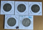 [Lot of 5] WALKING LIBERTY HALF DOLLARS .50  90% Silver $2.50 Face Value