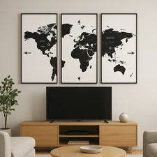Triptych Black World Map Wall Art | living room wall decor | digital download