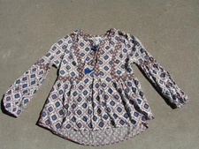 DR 2 White Orange Blue Floral Long Sleeve Y Neck Boho Blouse Size M 100% Rayon