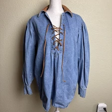 Seruchi Women's Top Long Sleeve Size S Denim Suede Trim Blue Vintage Lace Up