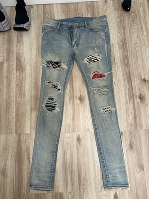 mnml Men s Blue Light Wash Distressed Skinny Denim Jeans 5-Pocket Zip