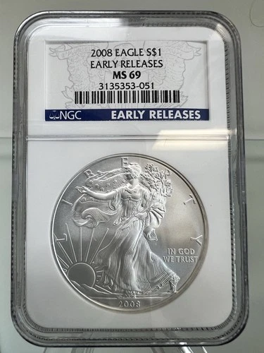 2008 $1 American Silver Eagle NGC MS69 EARLY RELEASES Blue Label