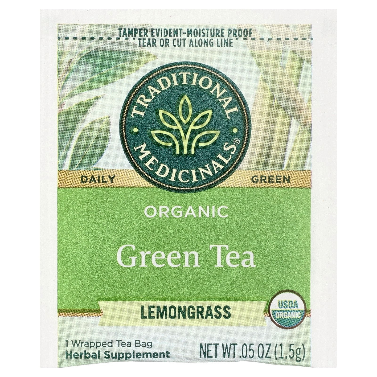 Organic Green Tea, Lemongrass, 16 Wrapped Tea Bags, 0.85 oz (24 g)